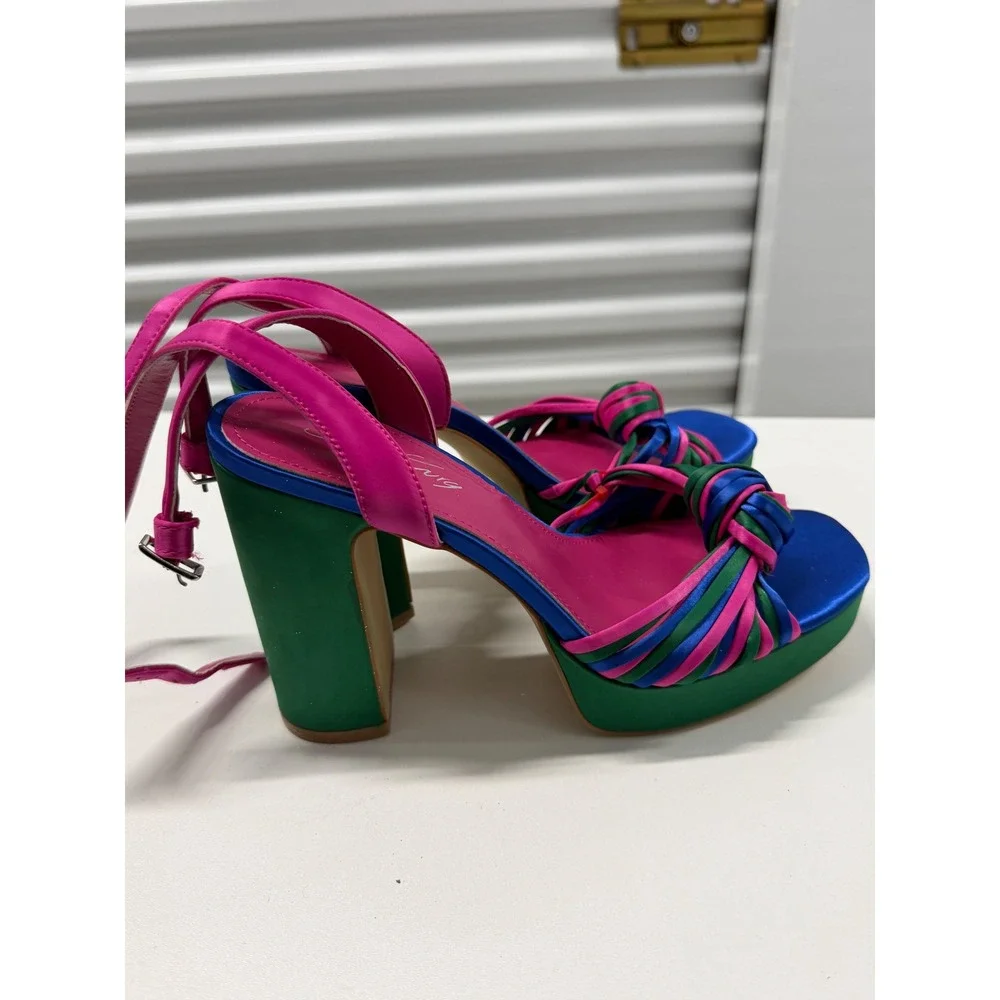 Shoe Envy Multi-Color Satin Platform Block Heels Pink Blue Green Size 6.5